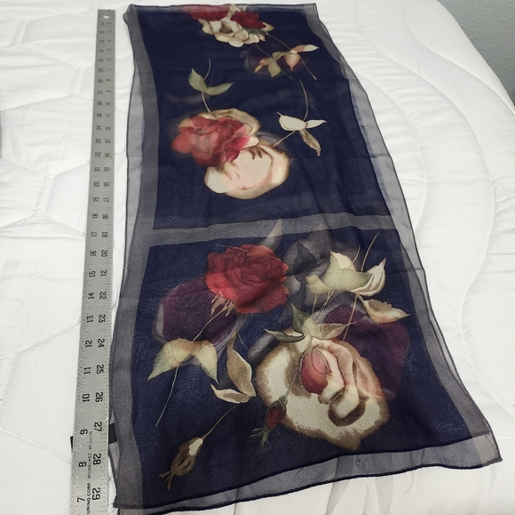 Floral Rose Print Sheer 100% Silk Scarf Blue Tan And Red - Picture 3 of 6